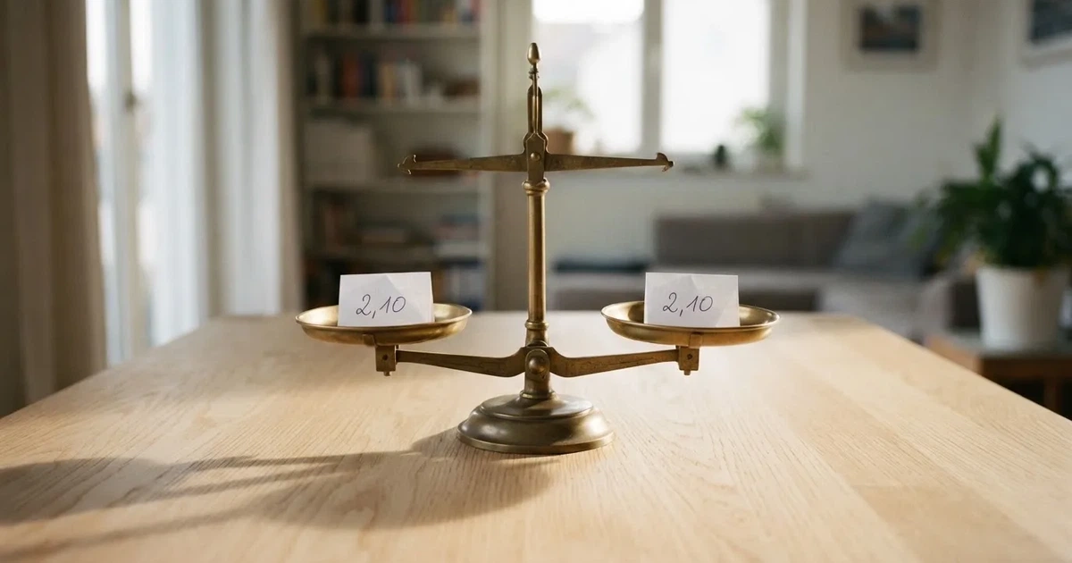 Eine Balkenwaage aus Messing steht im Gleichgewicht auf einem hellen Tisch, links und rechts liegt je eine Münze.