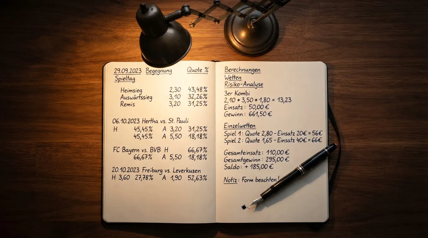 Ein Taschenrechner und ein aufgeschlagenes Notizbuch mit handschriftlichen Zahlenreihen liegen unter einer Schreibtischlampe.