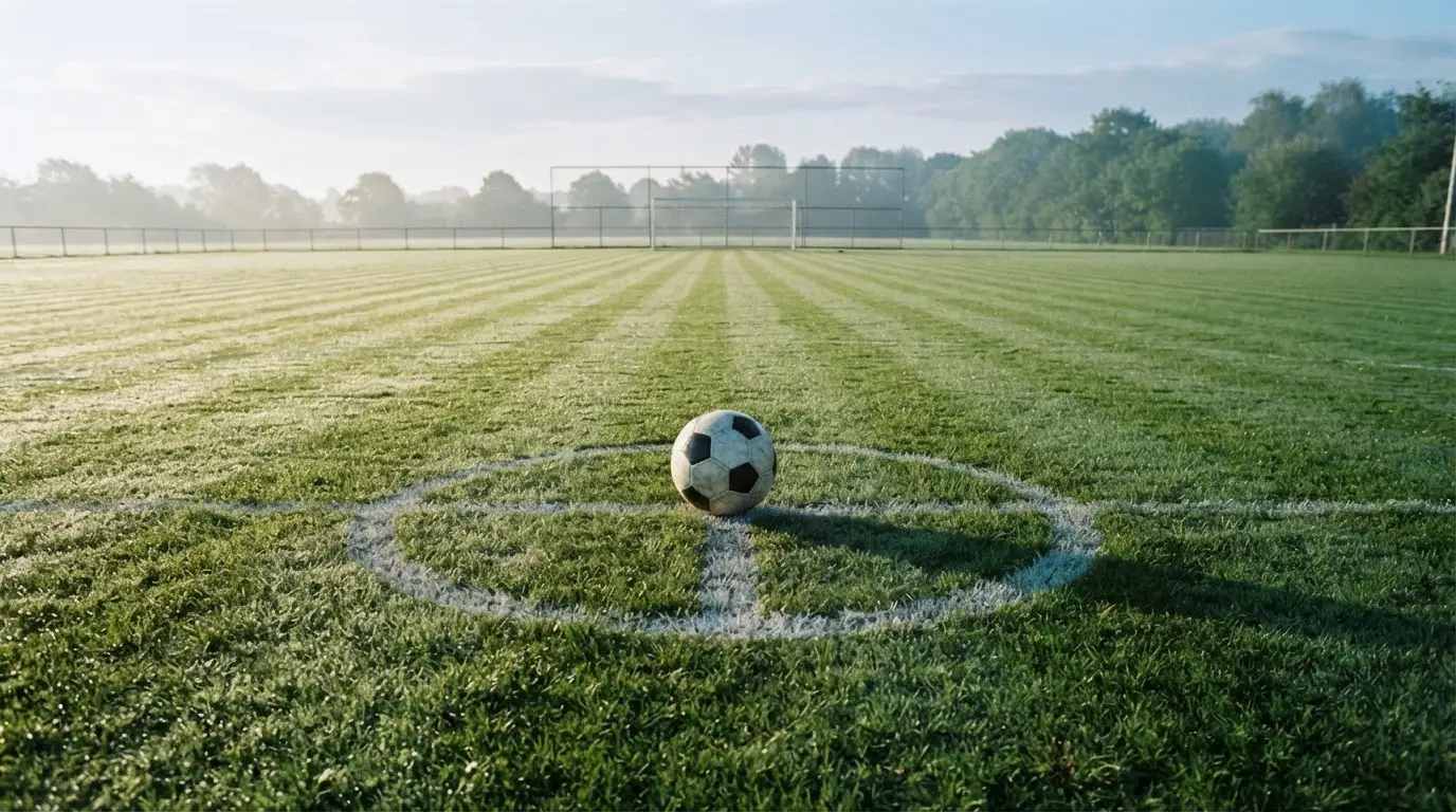 Ein Fußball liegt allein auf dem Anstoßpunkt eines leeren Rasenplatzes im Morgenlicht, am Rand ein niedriger Zaun.