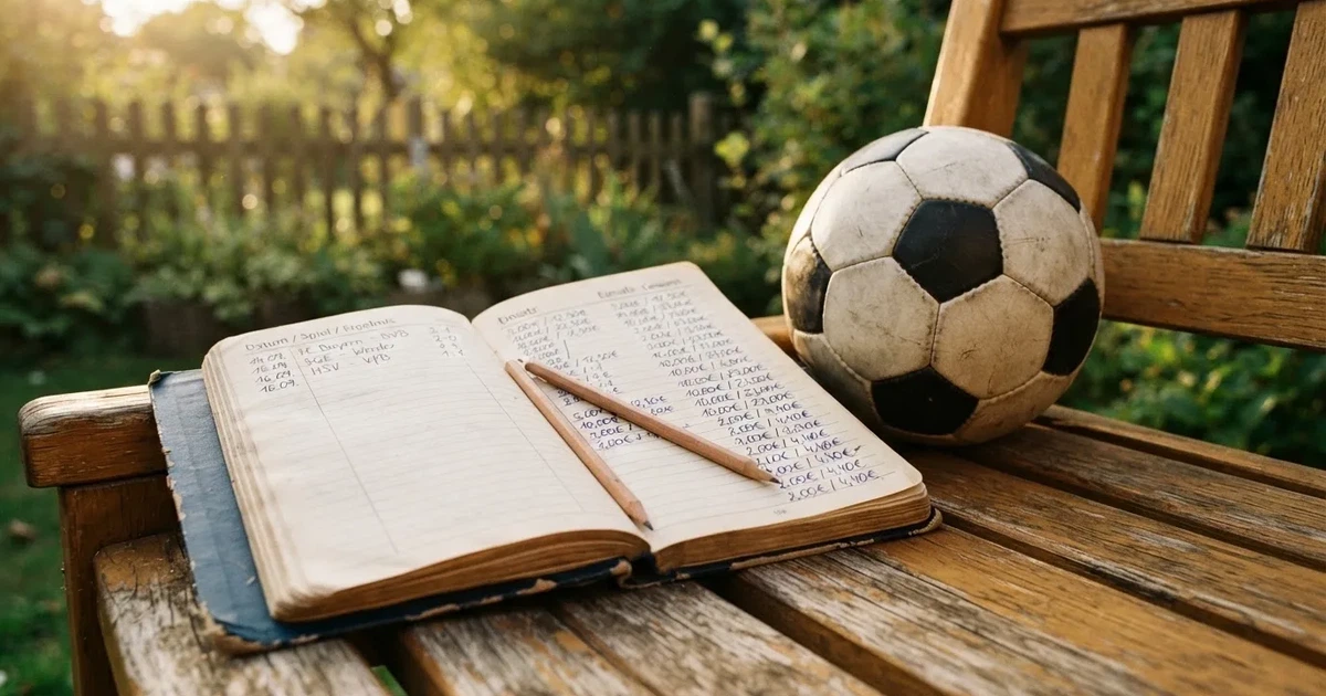 Ein Notizbuch mit handschriftlichen Zahlenkolonnen und ein Bleistift liegen neben einem Fußball auf einer Holzbank.