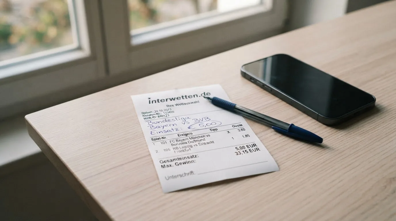 Ein leerer Papier-Wettschein und ein Kugelschreiber liegen neben einem Smartphone mit dunklem Display auf einem Tisch am Fenster.