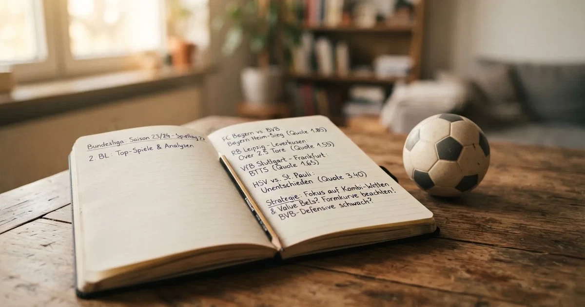 Ein Notizbuch mit handschriftlichen Notizen und einem Bleistift liegt auf einem Holztisch, daneben ein kleiner Fußball im weichen Tageslicht.