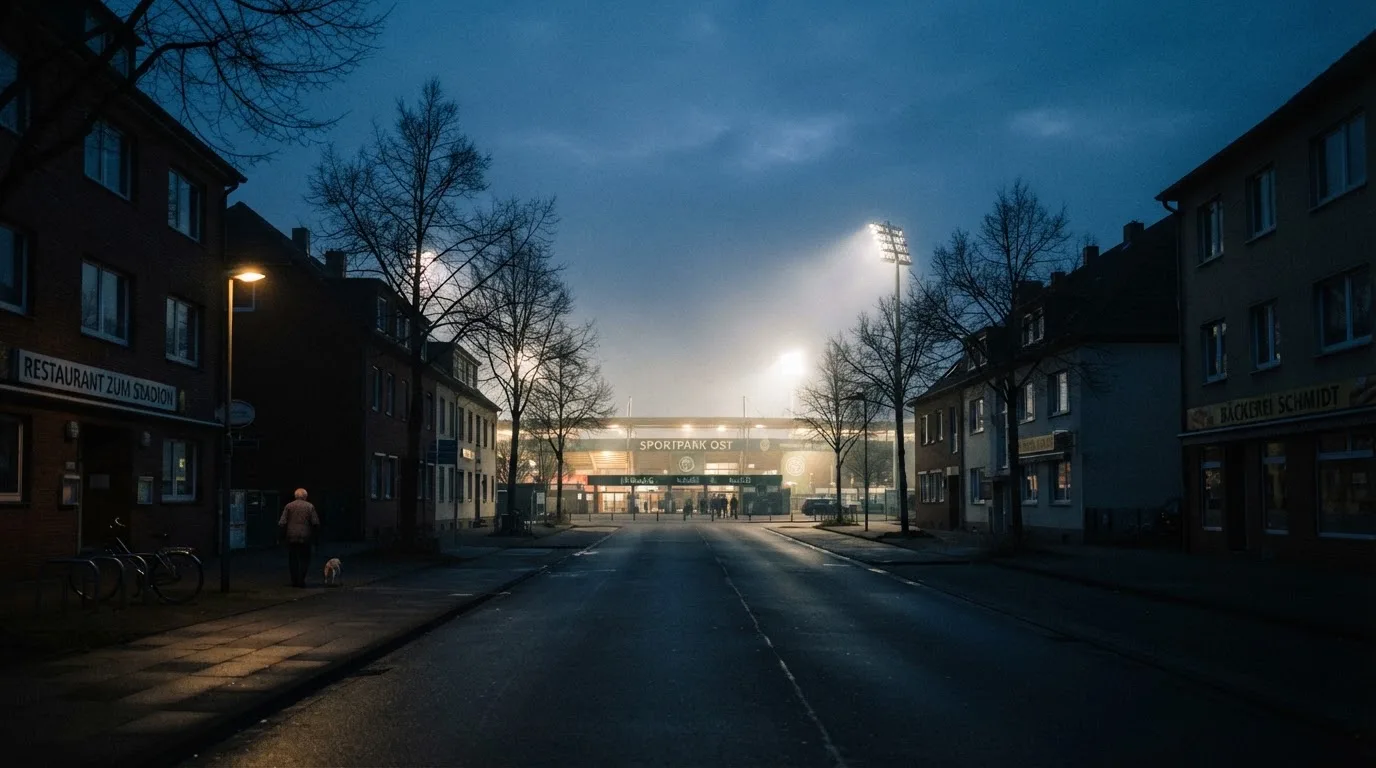 Ein Stadion unter Flutlicht aus der Ferne gesehen, davor eine leere Straße in der Abenddämmerung mit leichtem Dunst.