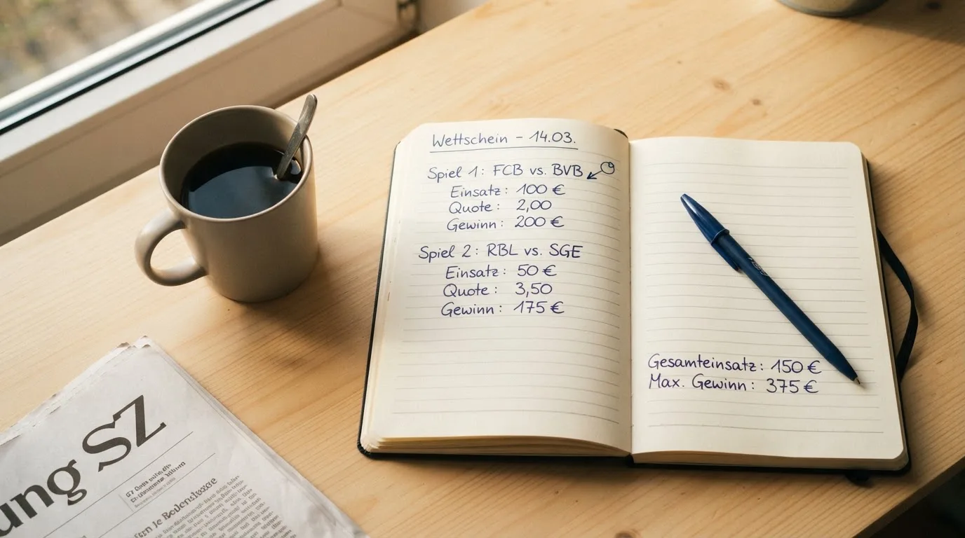 Ein Notizbuch mit handschriftlichen Rechnungen und ein Taschenrechner liegen auf einem hellen Schreibtisch neben einer Kaffeetasse.