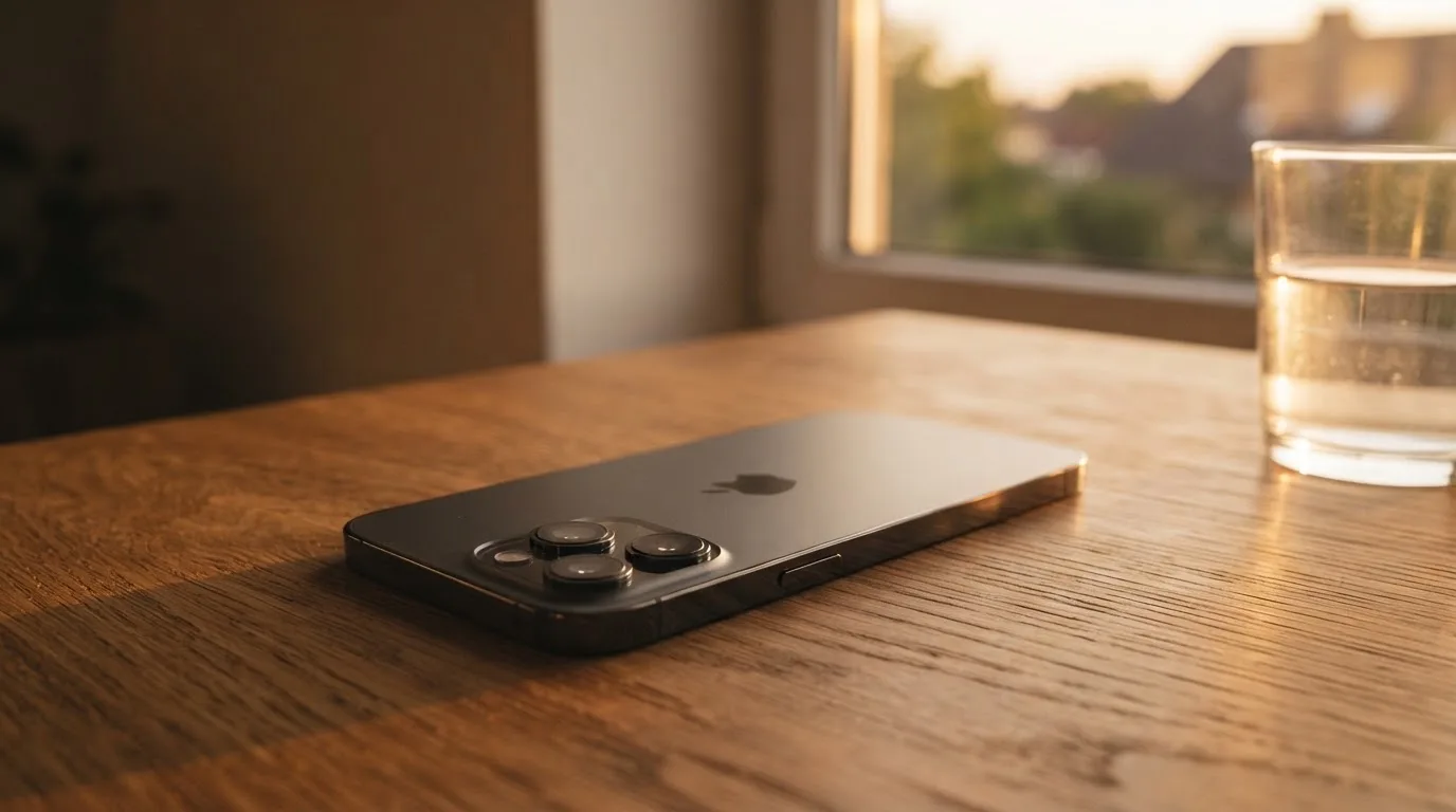 Ein Smartphone liegt mit dem Display nach unten auf einem Holztisch neben einem Glas Wasser, Abendlicht fällt durch ein Fenster.
