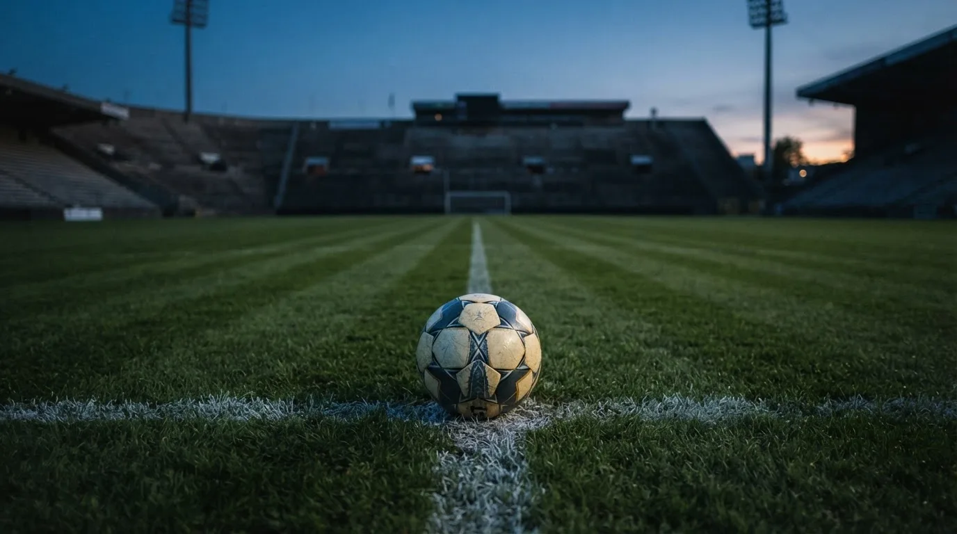Ein Fußball liegt auf dem Anstoßpunkt eines leeren Rasenplatzes, dahinter ragen dunkle Ränge in den Abendhimmel.