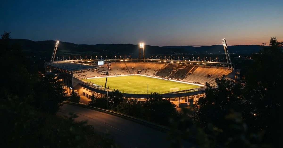 Ein Fußballstadion am Abend unter Flutlicht aus der Ferne gesehen, die Tribünen sind leicht beleuchtet und der Himmel dunkelblau.