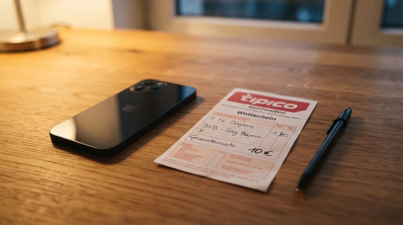 Ein Smartphone mit dunklem Display liegt neben einem leeren Papier-Wettschein und einem Stift auf einem Holztisch.