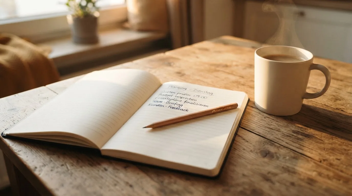 Ein Notizbuch mit handschriftlichen Notizen und einem Bleistift liegt auf einem Tisch, daneben steht eine Kaffeetasse im Morgenlicht.