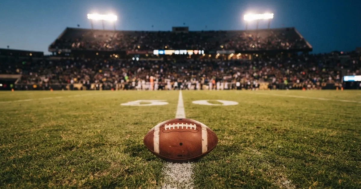 Ein American-Football-Ball liegt auf einem Rasenplatz unter Flutlicht, im Hintergrund eine große Tribüne in der Dämmerung.