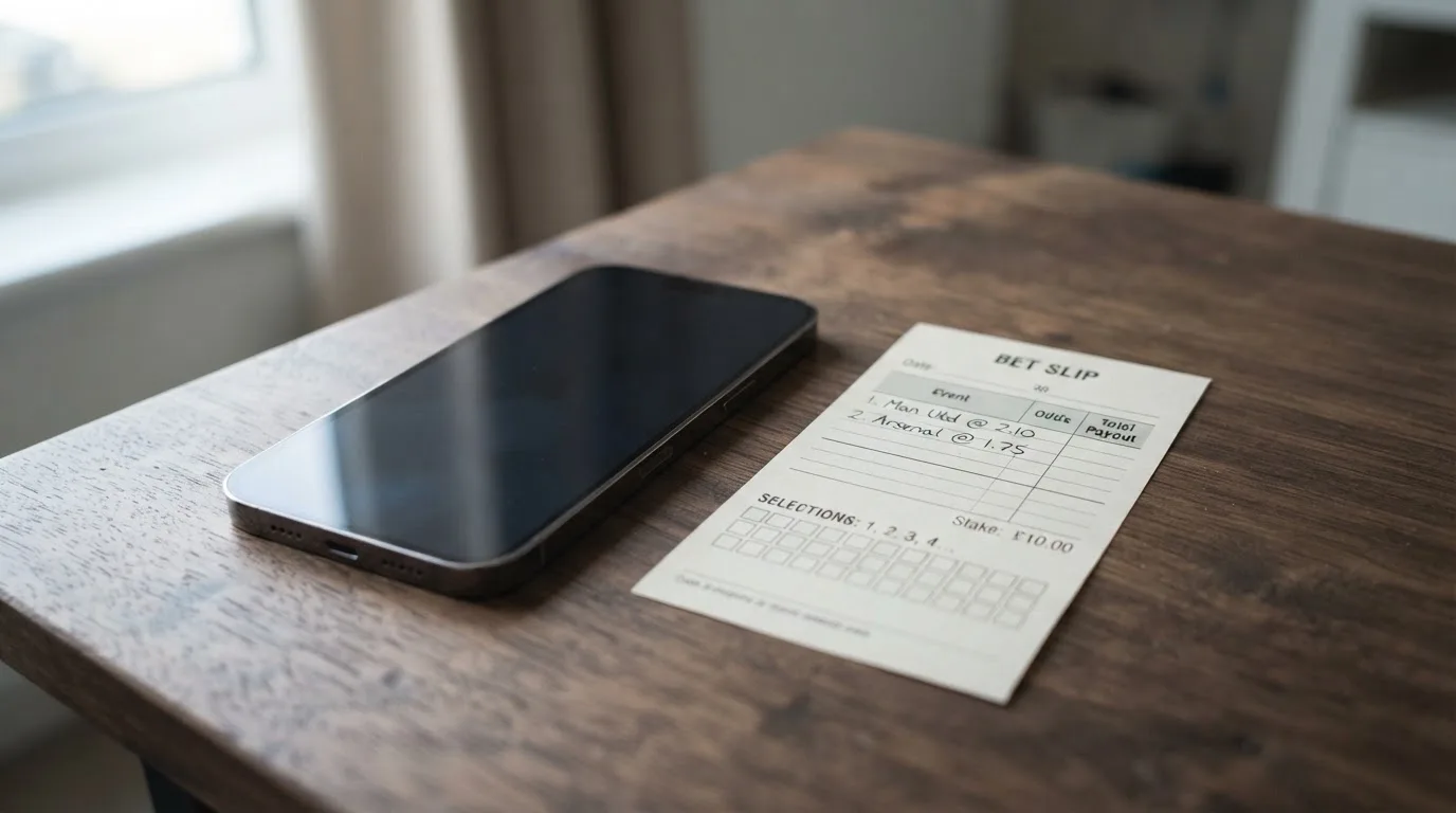 Ein Smartphone liegt mit dunklem Display auf einem Holztisch neben einem leeren Papier-Wettschein, Licht fällt von einem Fenster.