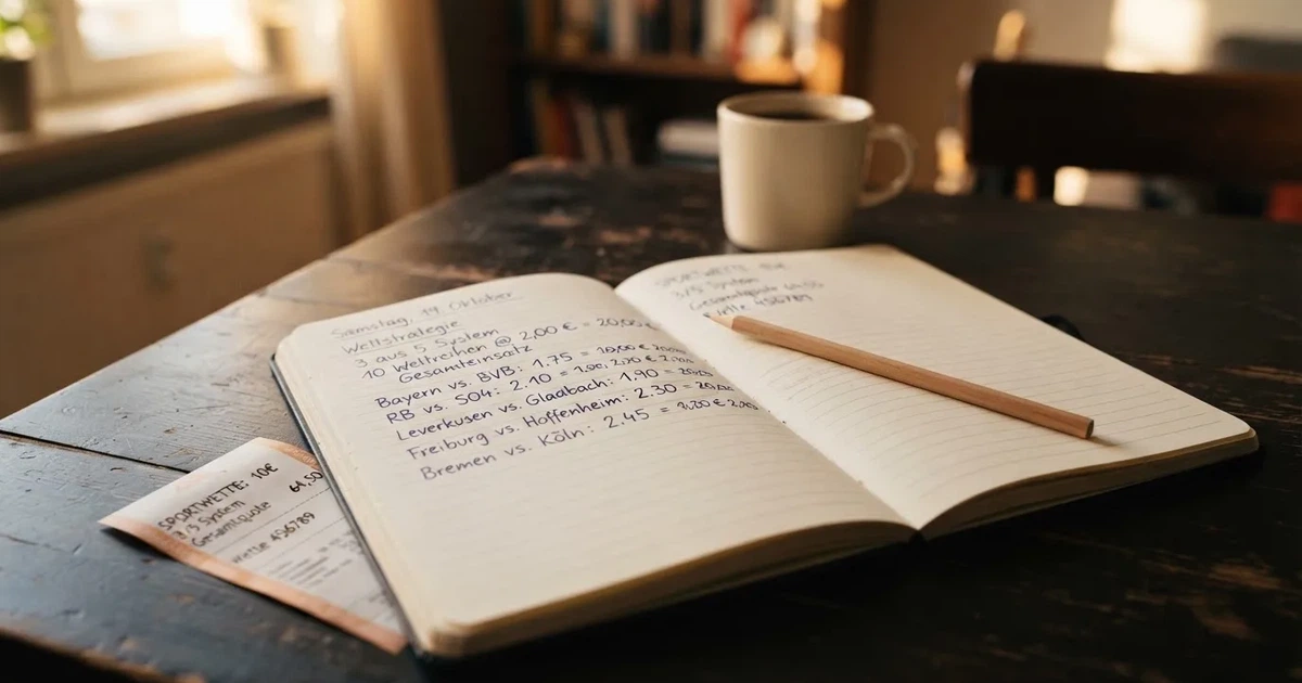 Ein Notizbuch mit handschriftlichen Notizen und einem Bleistift liegt neben einem Taschenrechner auf einem aufgeräumten Schreibtisch.