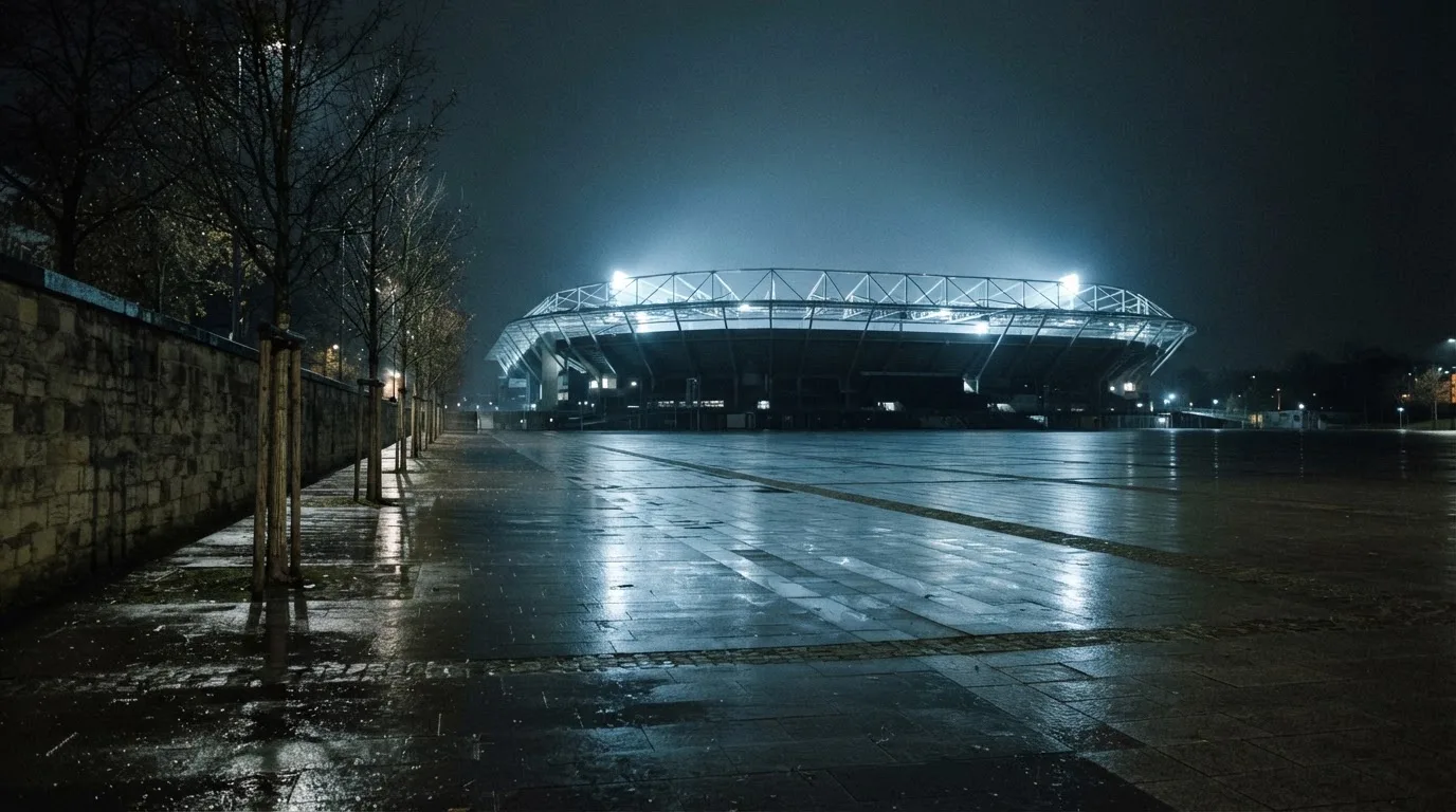 Ein Stadion unter Flutlicht von weitem betrachtet, davor ein stiller Platz bei Dunkelheit und feuchtem Asphalt.