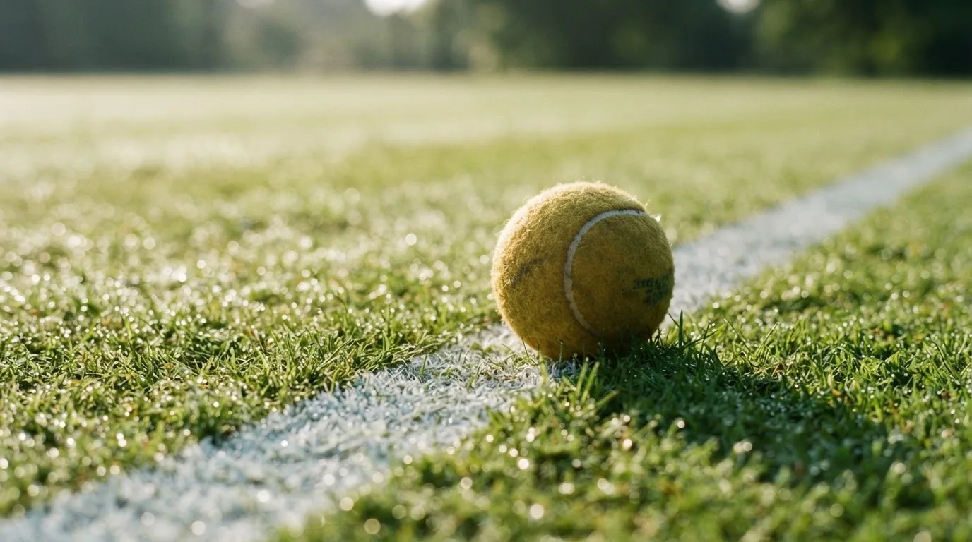 Ein Tennisball liegt auf frisch gemähtem Gras neben einer weißen Linie, Tautropfen glänzen im Gegenlicht.