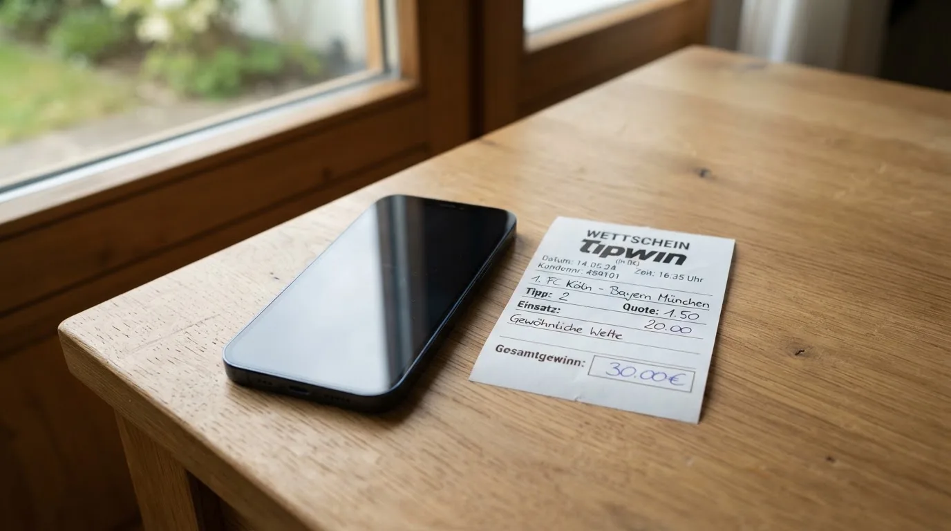 Ein Smartphone mit dunklem Display liegt neben einem leeren Papier-Wettschein auf einem Tisch am Fenster.