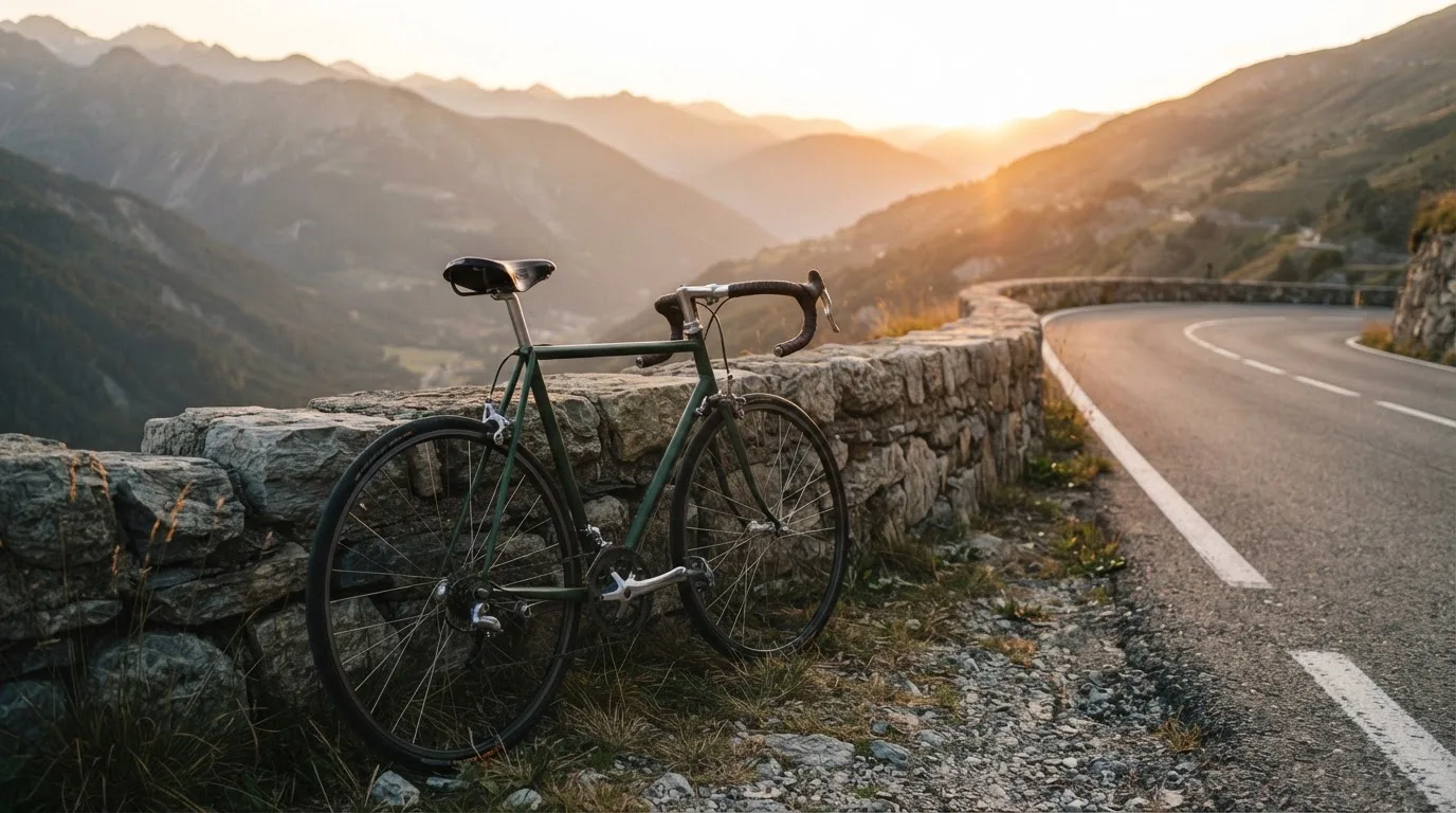 Ein Rennrad lehnt an einer Steinmauer in einer Bergkurve, im Hintergrund eine weite Hügellandschaft im Gegenlicht.