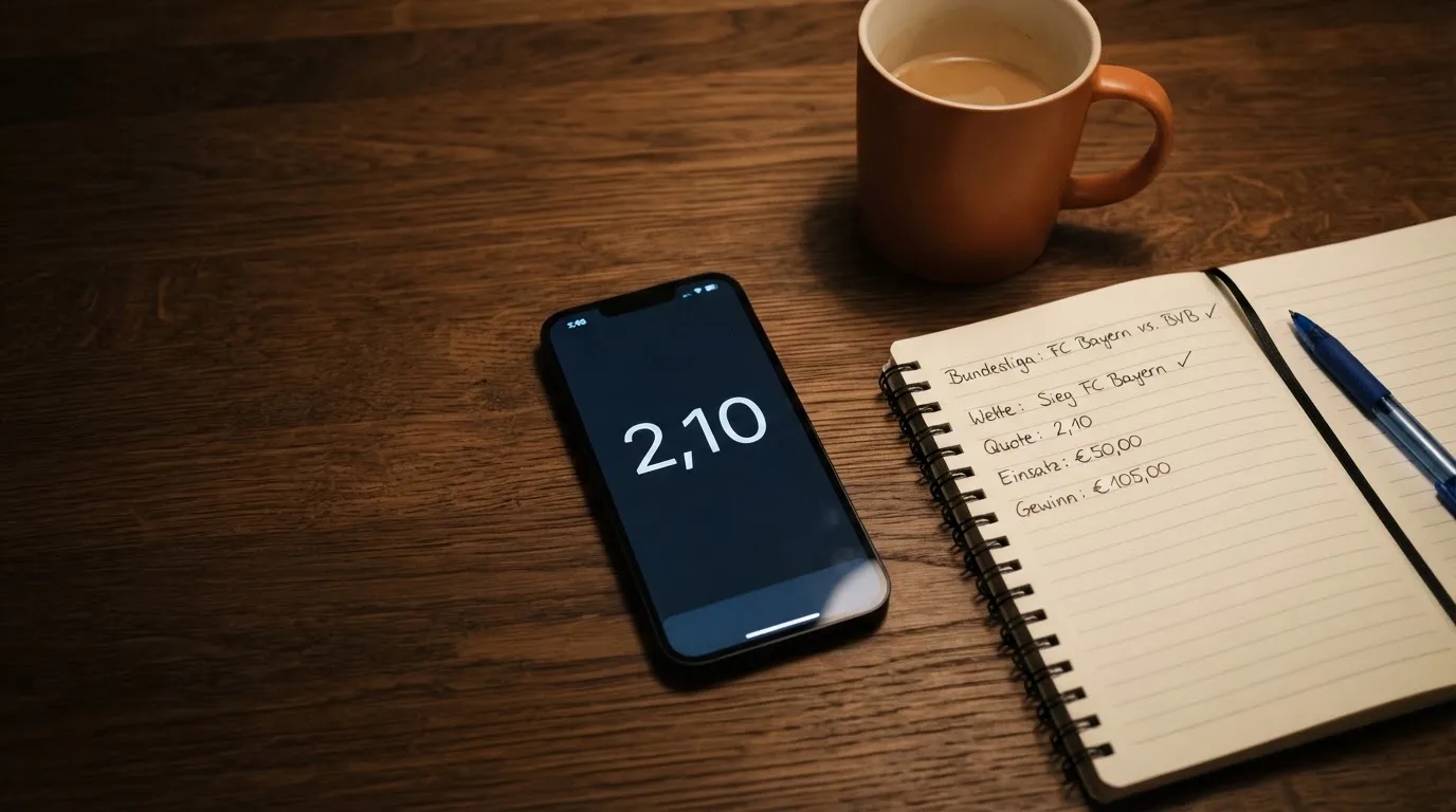 Ein Smartphone liegt auf einem Tisch neben einem Notizbuch mit handschriftlichen Notizen und einer Tasse Kaffee.