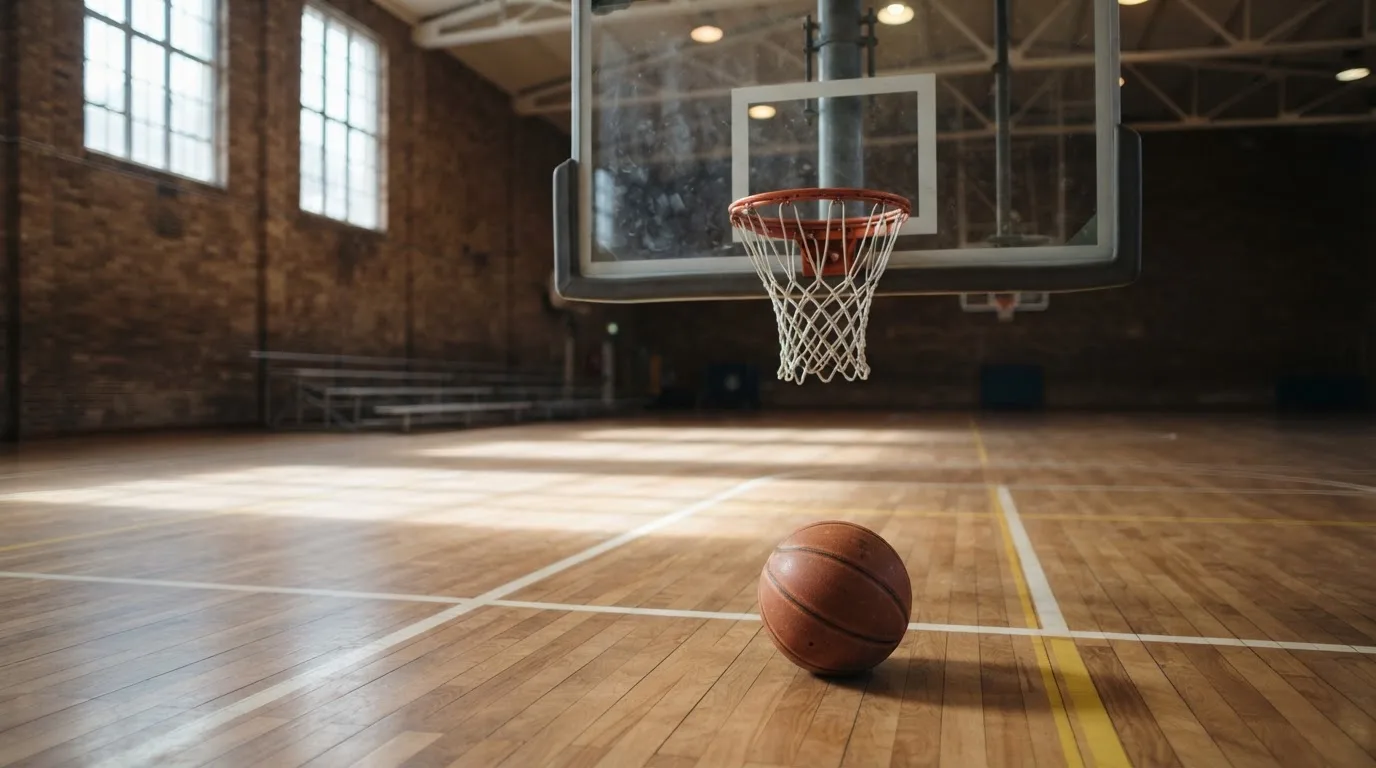 Ein Basketballkorb in einer leeren Halle, der Ball liegt unter dem Brett auf dem Parkett.