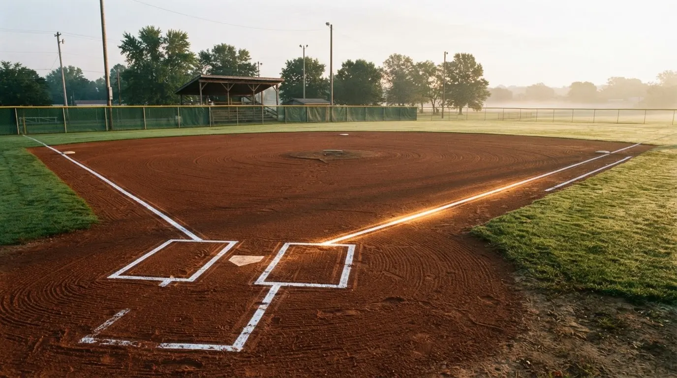 Ein Baseballfeld mit leerem Infield im Morgenlicht, die Linien frisch gezogen, keine Spieler im Bild.