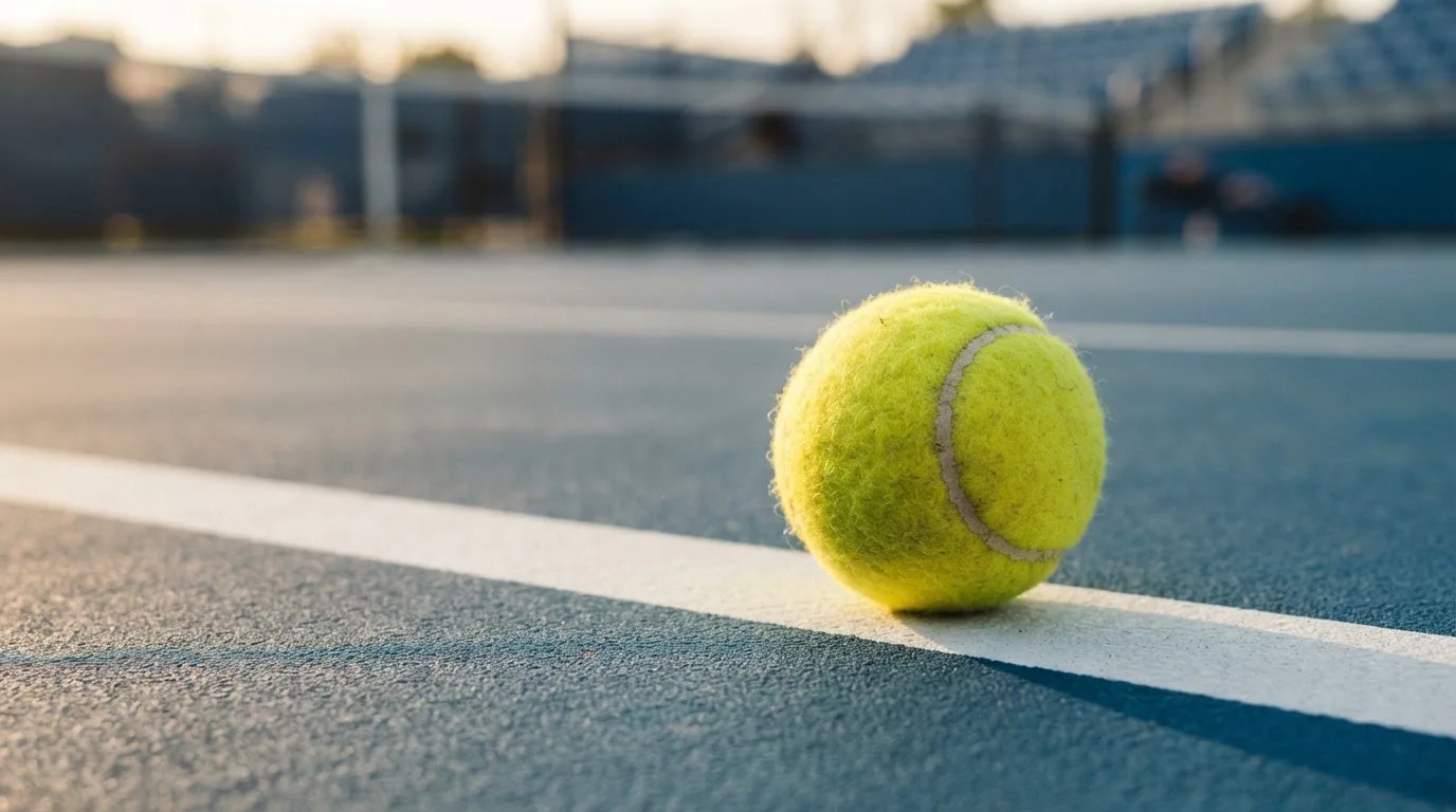 Ein Tennisball liegt in Nahaufnahme auf einer Grundlinie, dahinter verschwimmt ein leerer Platz in warmem Licht.