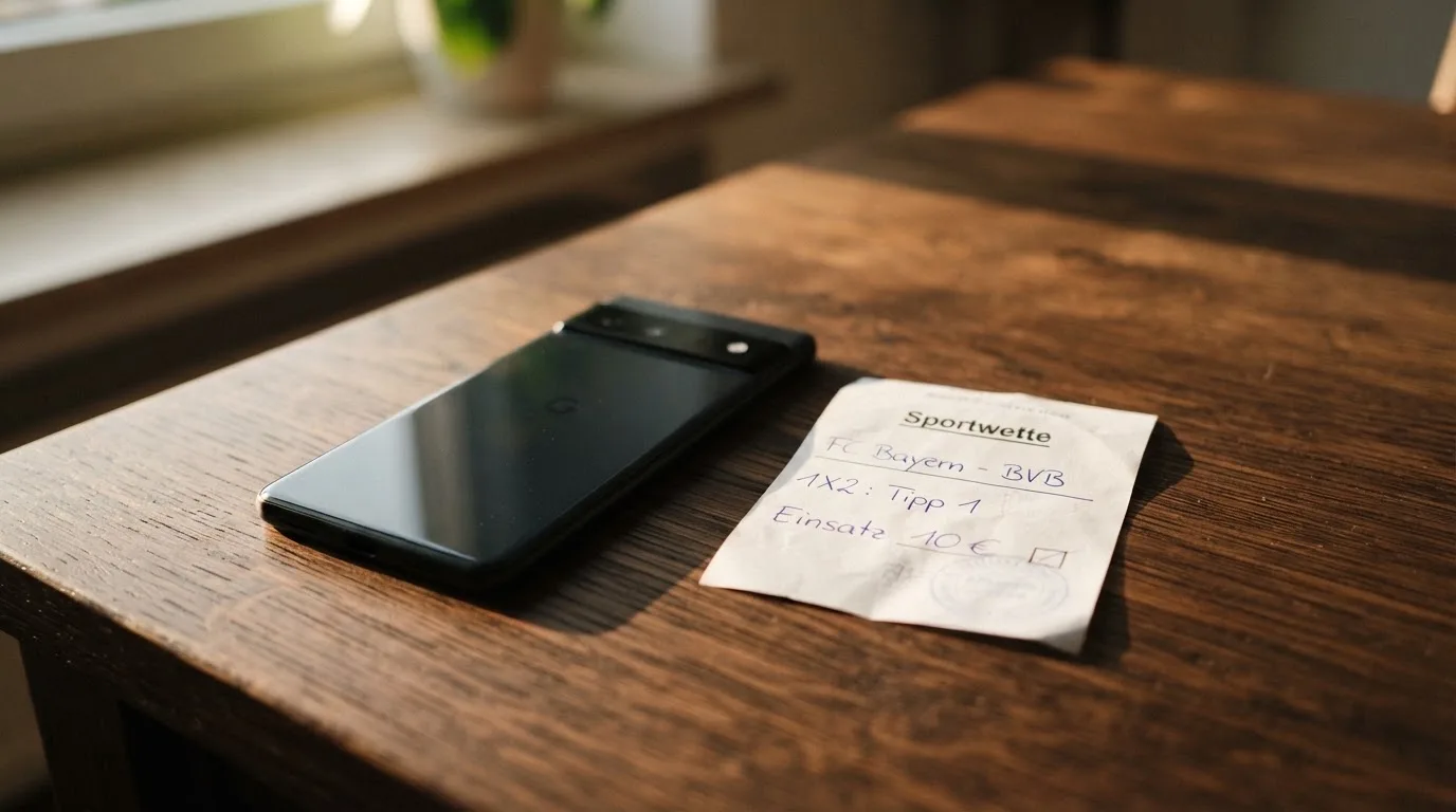 Ein Smartphone mit dunklem Display liegt neben einem leeren Papier-Wettschein auf einem Tisch, Licht fällt von der Seite.
