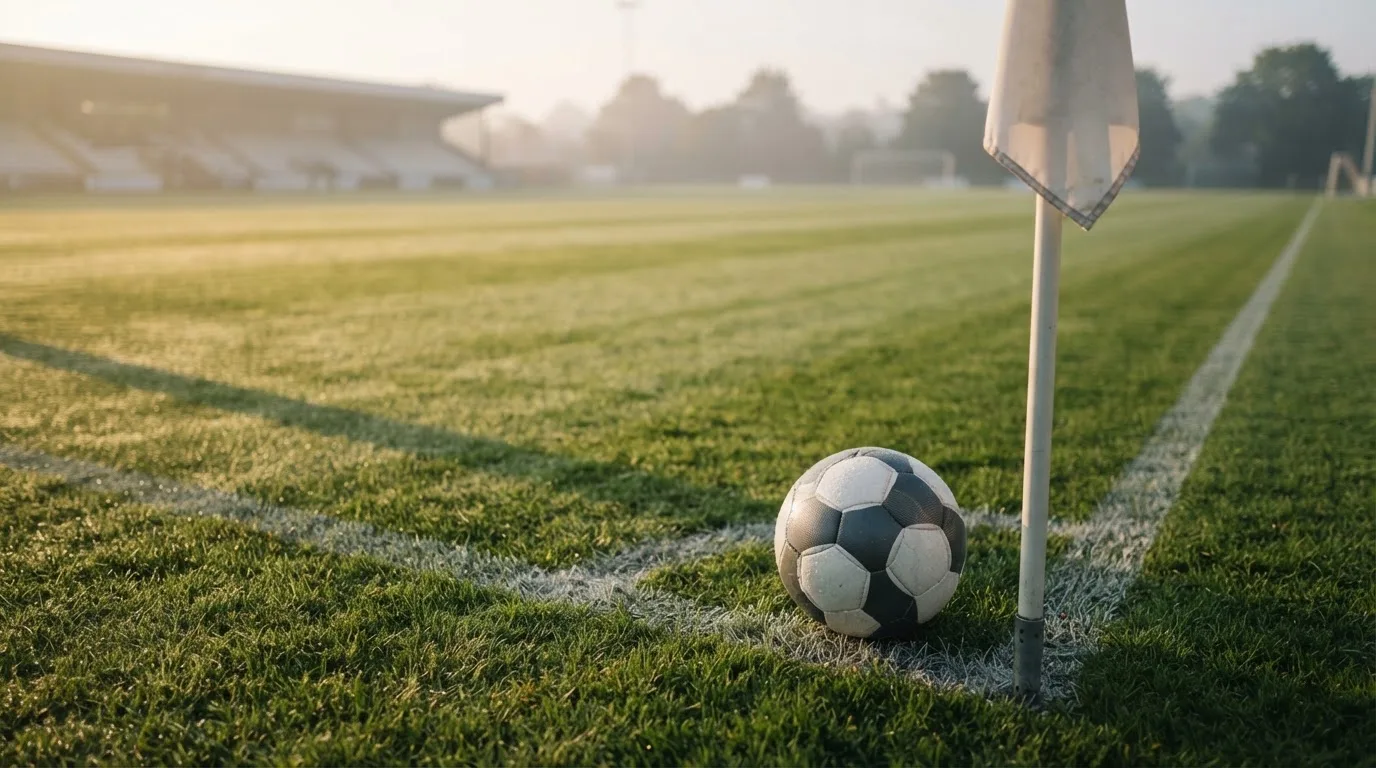 Ein Fußball liegt auf Rasen neben einer Eckfahne ohne Aufdruck auf einem leeren Platz im Morgenlicht.