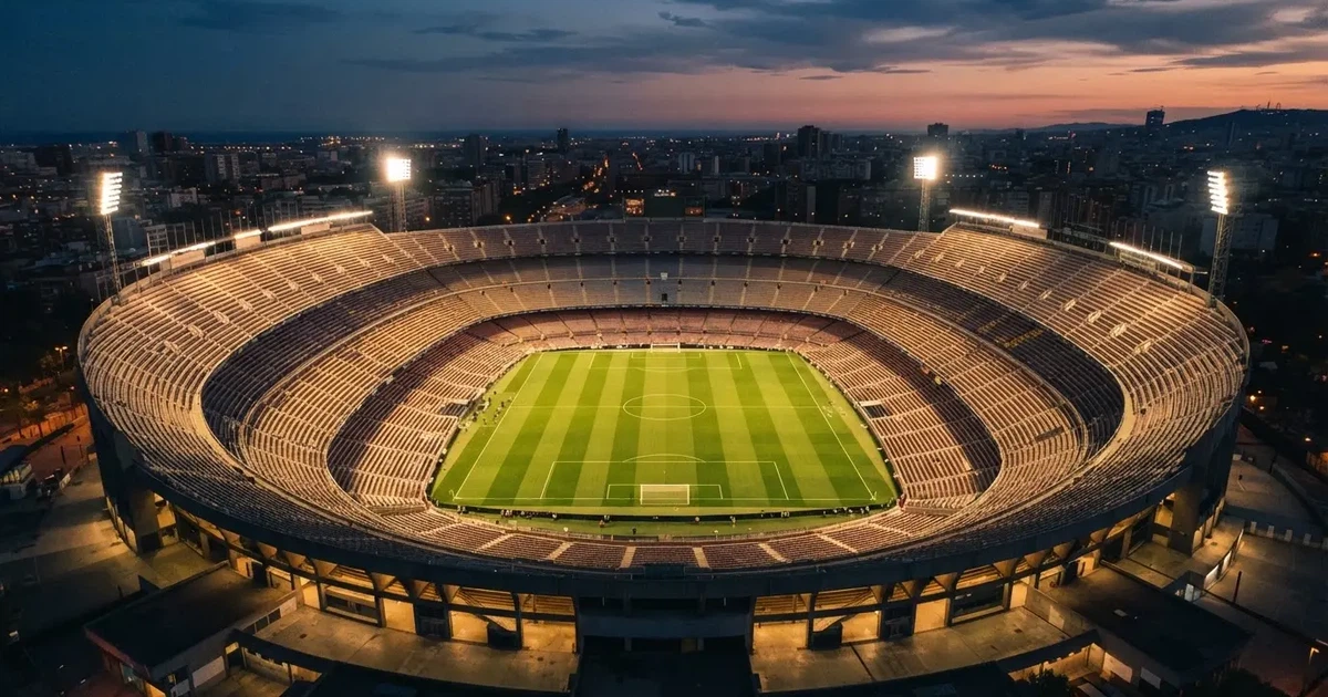 Ein riesiges Stadion in der Abenddämmerung aus der Vogelperspektive gesehen, die Lichter an den Rängen sind eingeschaltet.