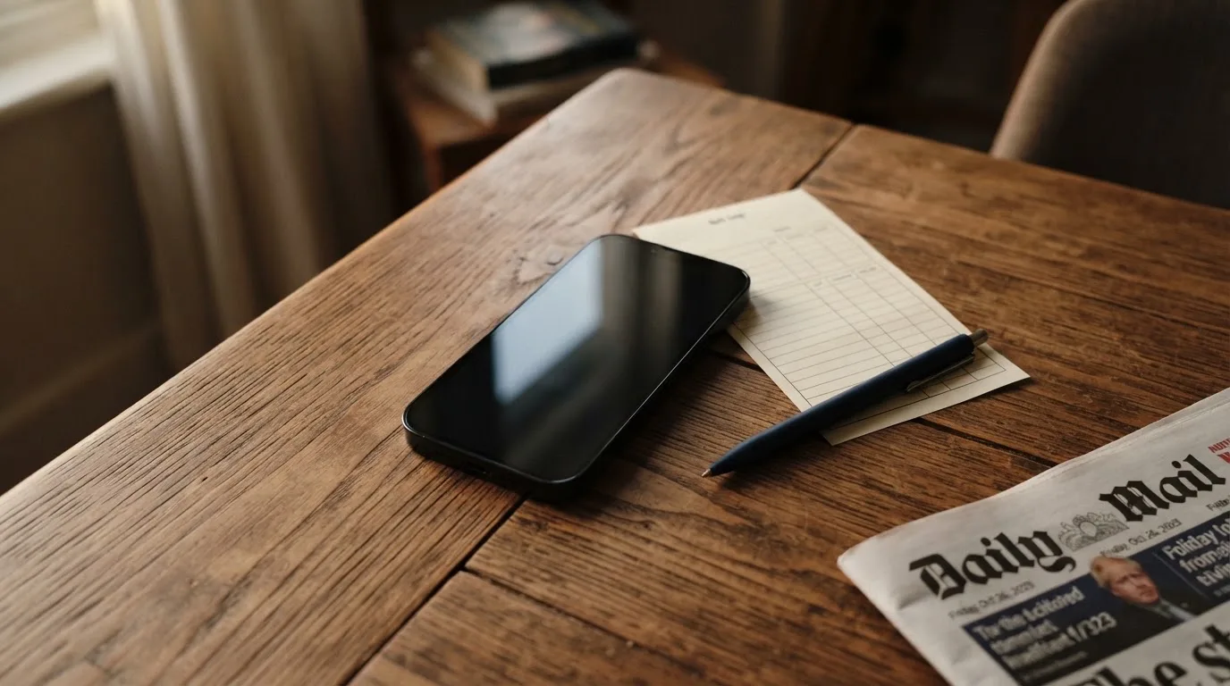 Ein Smartphone liegt mit dunklem Display neben einem leeren Papier-Wettschein und einem Stift auf einem Holztisch.
