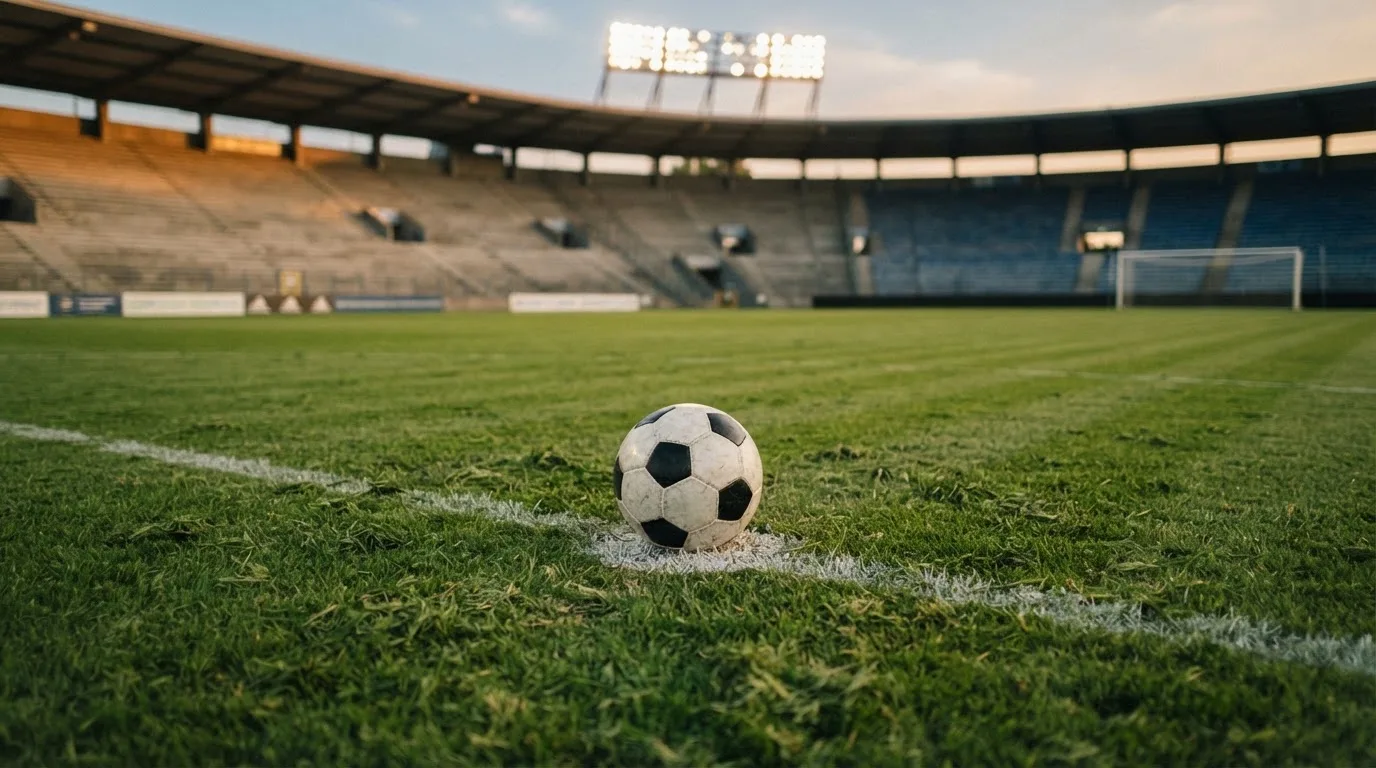 Ein Fußball liegt auf dem Anstoßpunkt eines Rasenplatzes, dahinter eine leere Tribüne im Abendlicht.