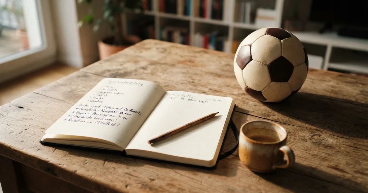 Ein Notizbuch mit handschriftlichen Notizen und einem Bleistift liegt auf einem Holztisch, daneben ein kleiner Fußball im Tageslicht.