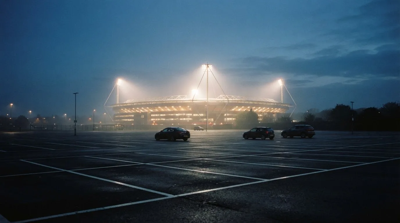 Ein Stadion unter Flutlicht aus der Ferne gesehen, davor ein stiller Parkplatz bei Nebel.
