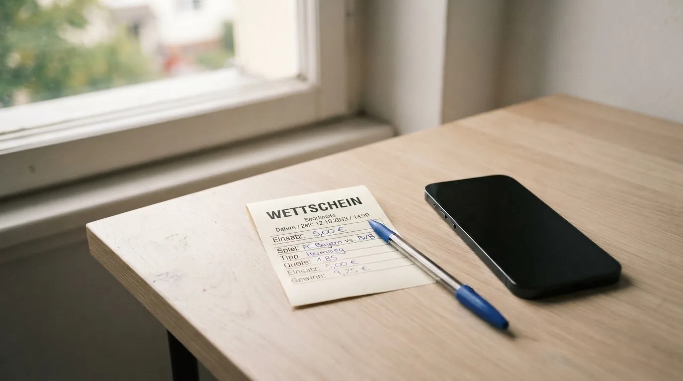 Ein leerer Papier-Wettschein und ein Kugelschreiber liegen neben einem Smartphone mit dunklem Display auf einem Schreibtisch am Fenster.