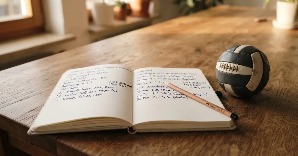 Ein Notizbuch mit handschriftlichen Notizen und einem Bleistift liegt auf einem Holztisch, daneben ein kleiner Fußball im Tageslicht.