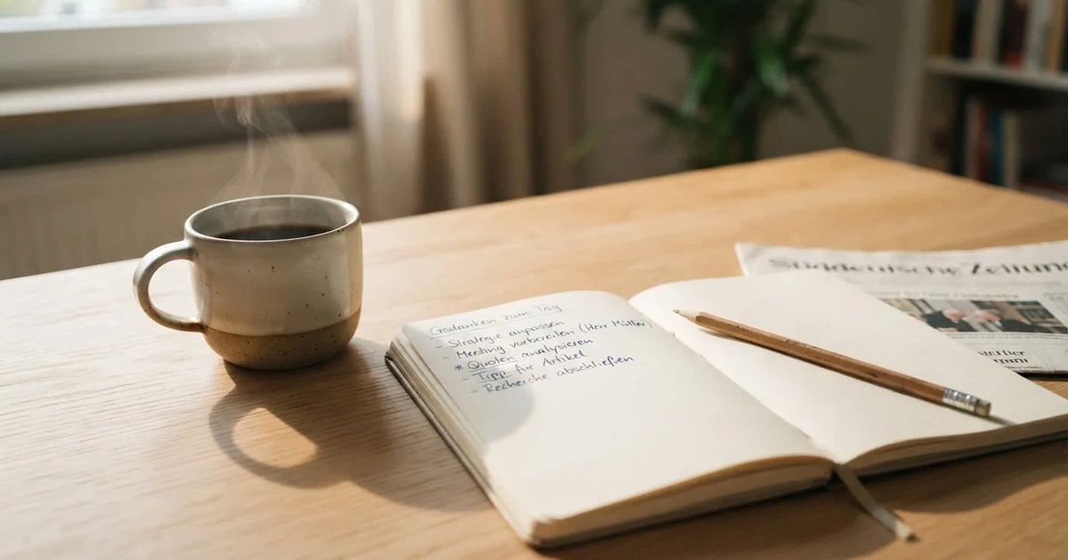 Eine Kaffeetasse, ein Notizbuch mit handschriftlichen Notizen und ein Bleistift auf einem hellen Schreibtisch am Morgen.