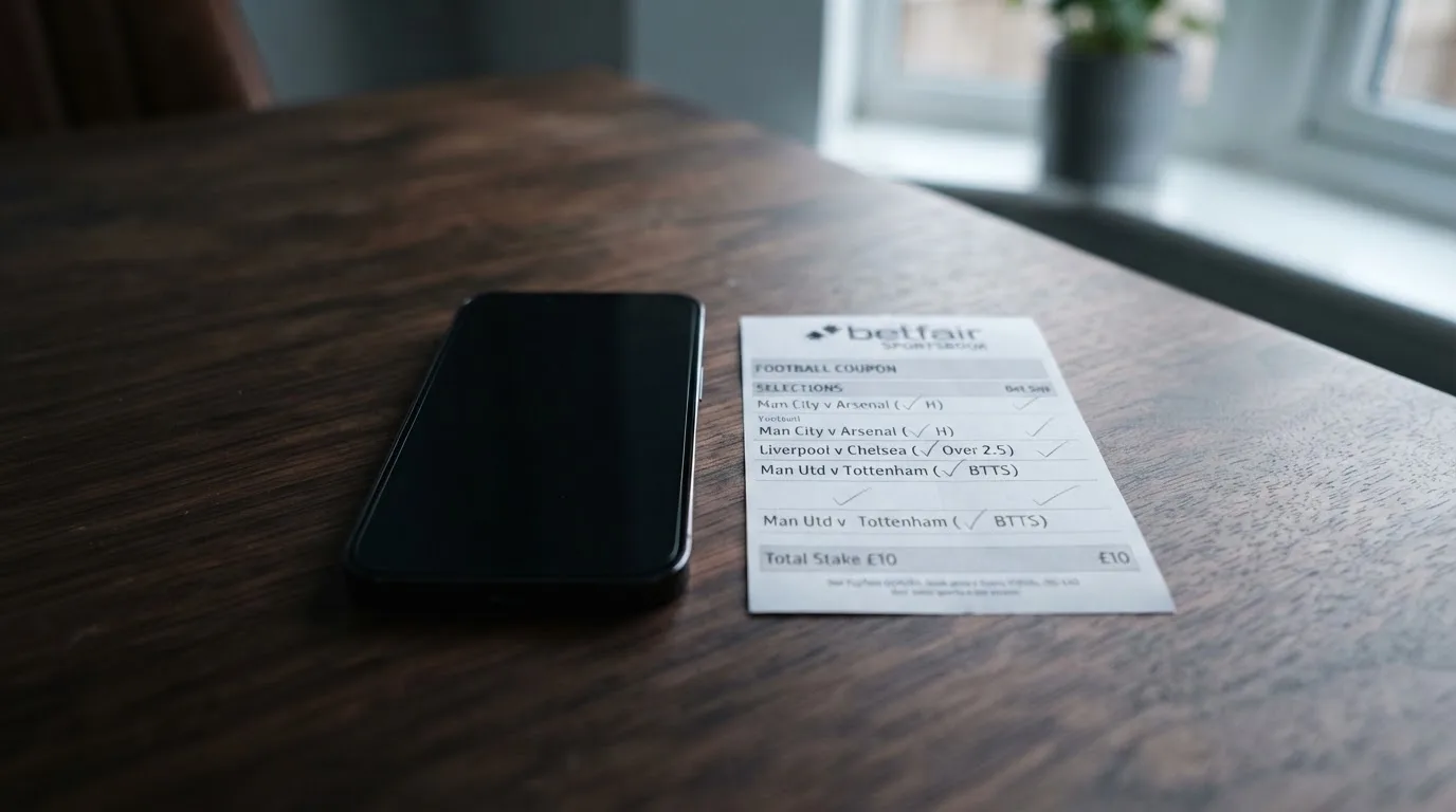 Ein Smartphone mit dunklem Display liegt neben einem leeren Papier-Wettschein auf einem Holztisch, Licht fällt von der Seite.