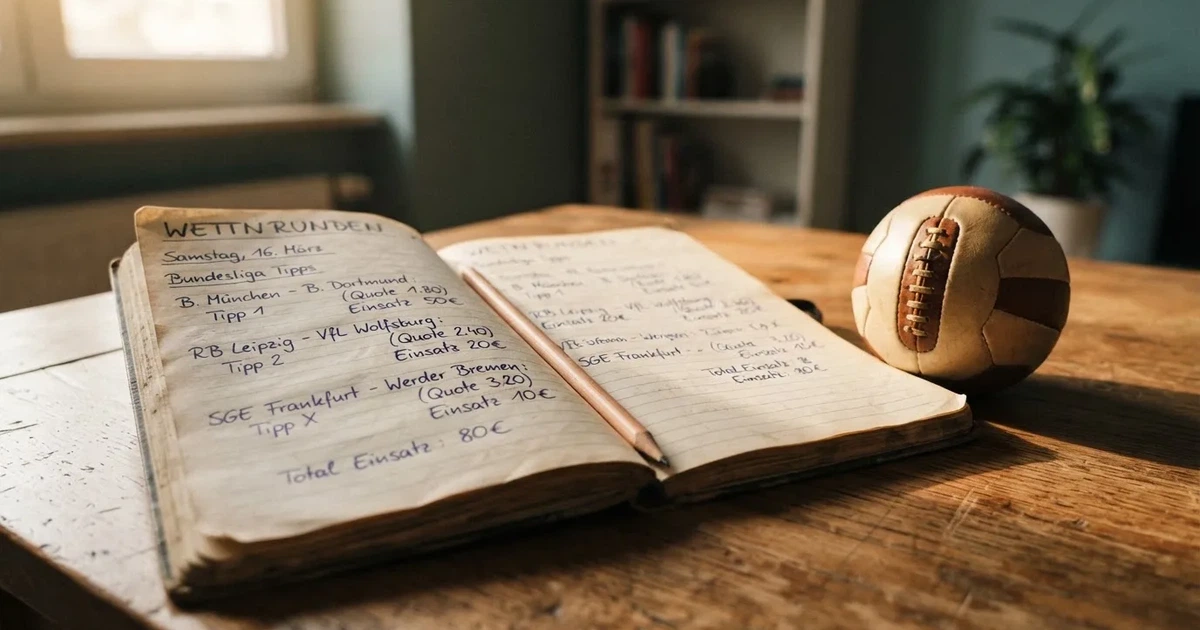 Ein Notizbuch mit handschriftlichen Notizen und einem Bleistift liegt auf einem Holztisch, daneben ein kleiner Fußball im Tageslicht.