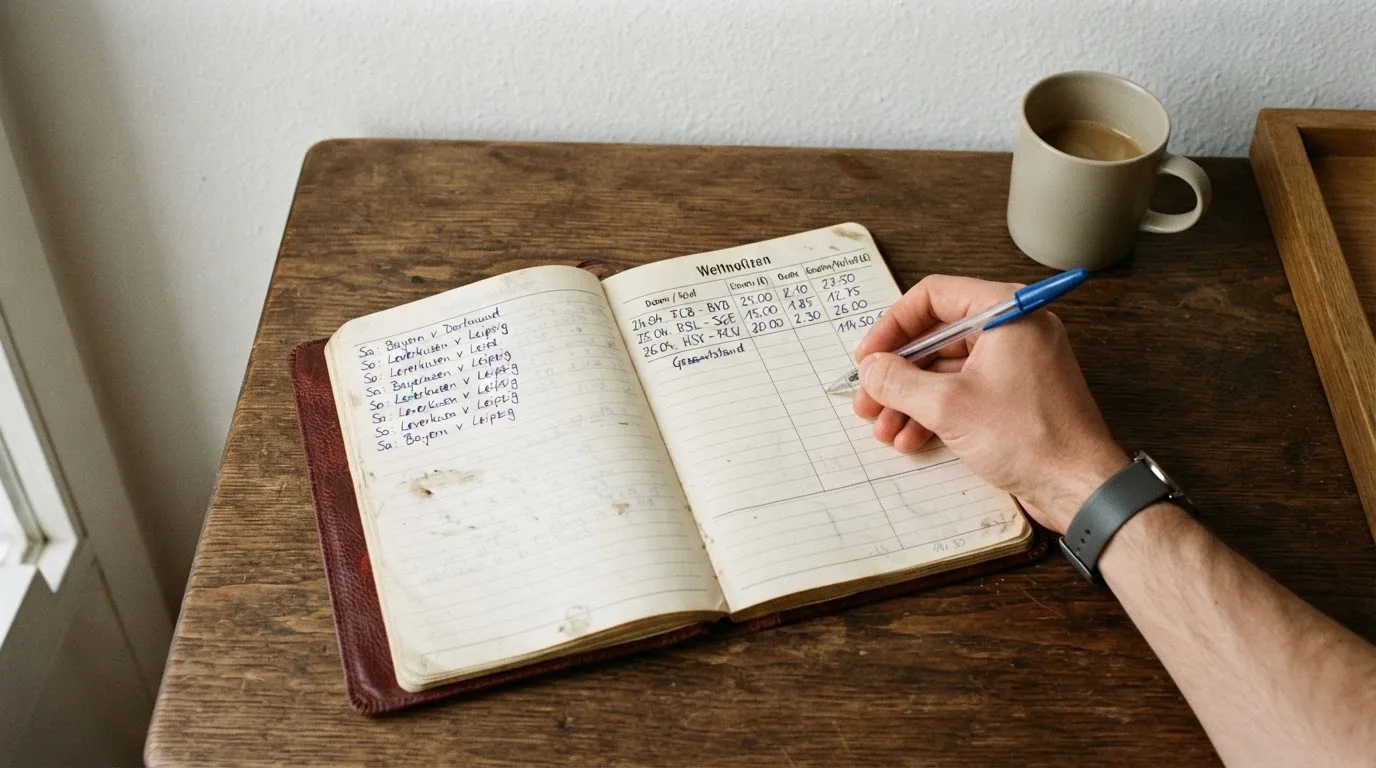 Ein Notizbuch mit handschriftlichen Notizen und ein Taschenrechner stehen auf einem Schreibtisch, daneben eine Tasse.