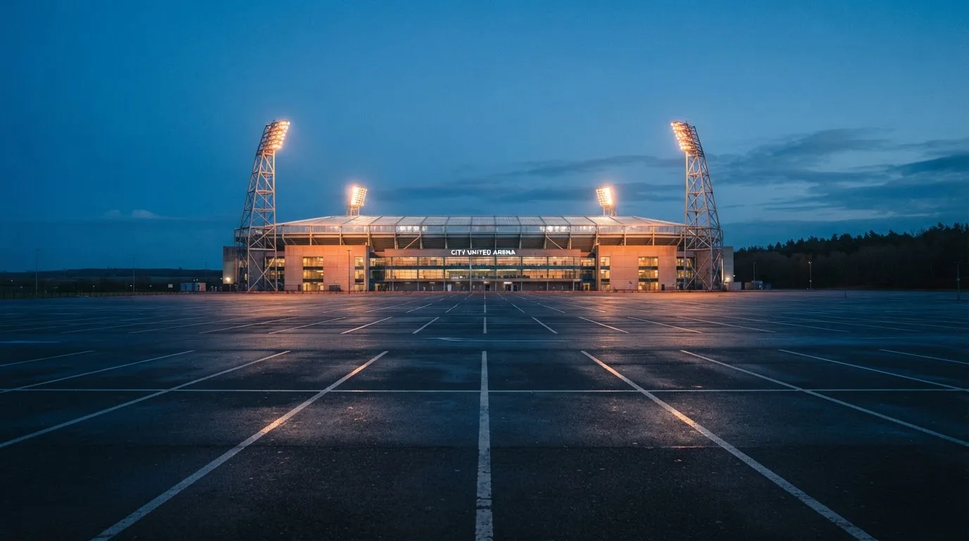 Ein Stadion unter Flutlicht aus der Ferne gesehen, davor ein leerer Parkplatz im Dunst.