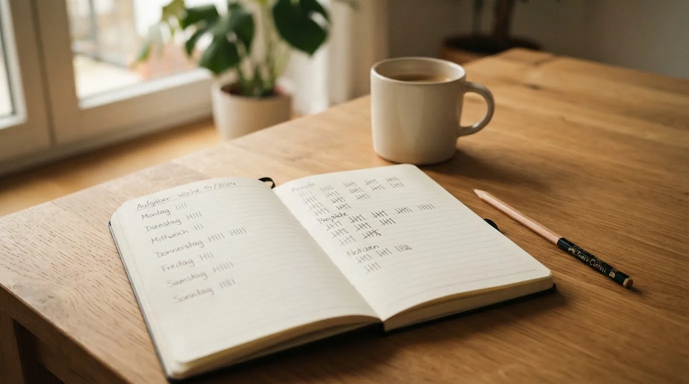 Ein Notizbuch mit handgeschriebenen Strichlisten liegt neben einem Bleistift und einer Kaffeetasse auf einem Holztisch.