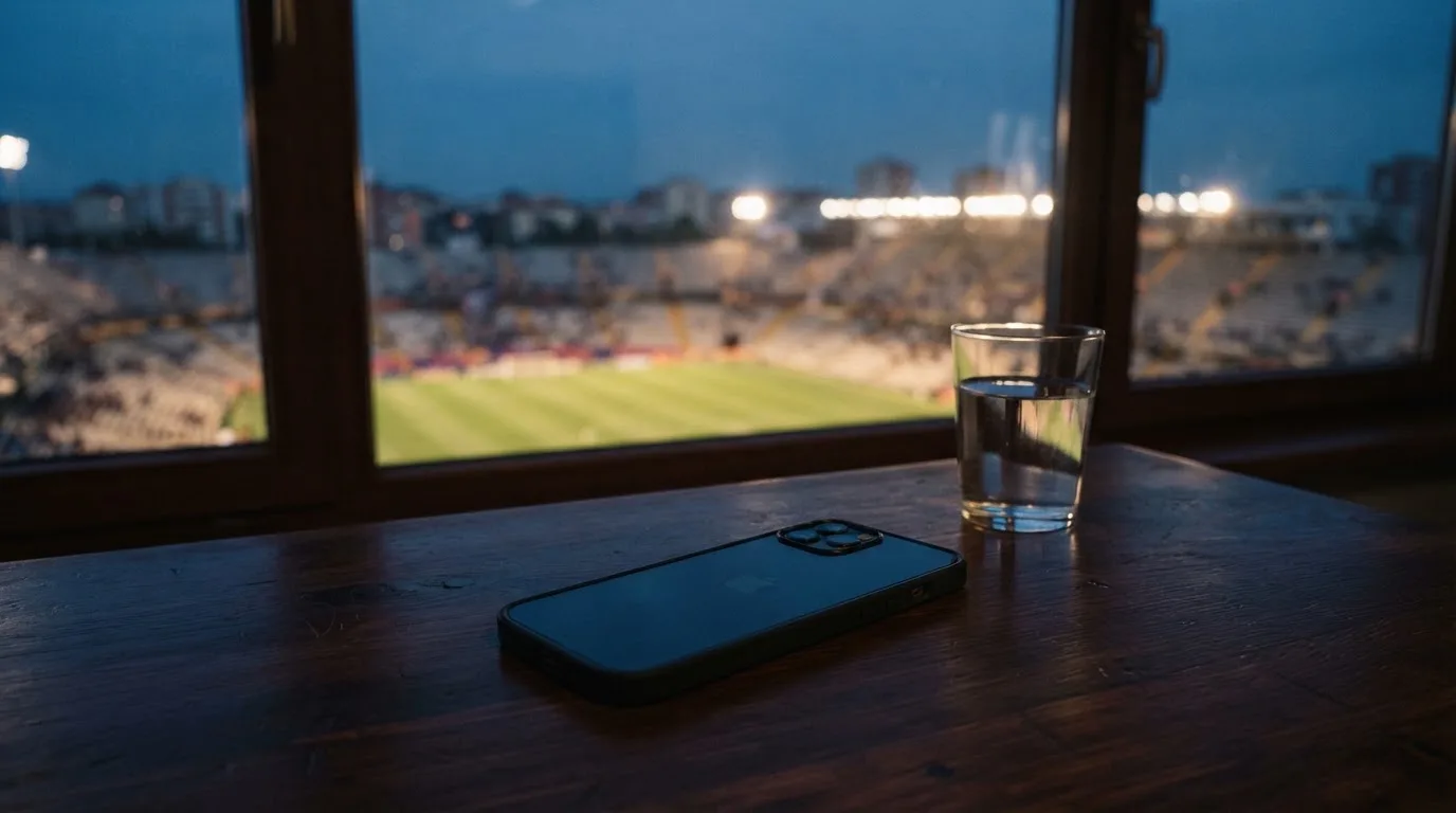 Ein Smartphone mit dunklem Display liegt auf einem Schreibtisch neben einem Glas Wasser, im Fenster dahinter ein Stadion im Dämmerlicht.