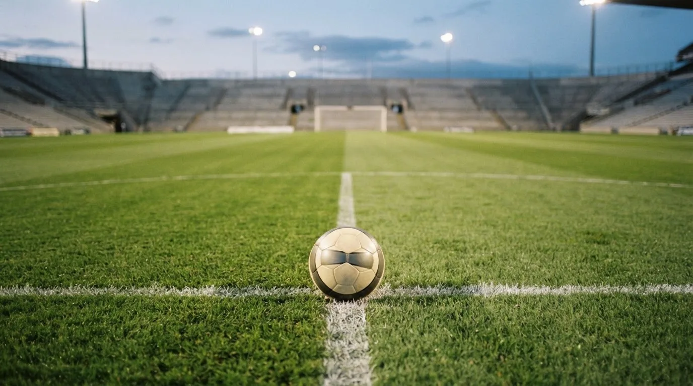 Ein Fußball liegt auf dem Mittelkreis eines leeren Rasenplatzes unter Flutlicht am frühen Abend, die Tribünen sind nur schemenhaft zu erkennen.