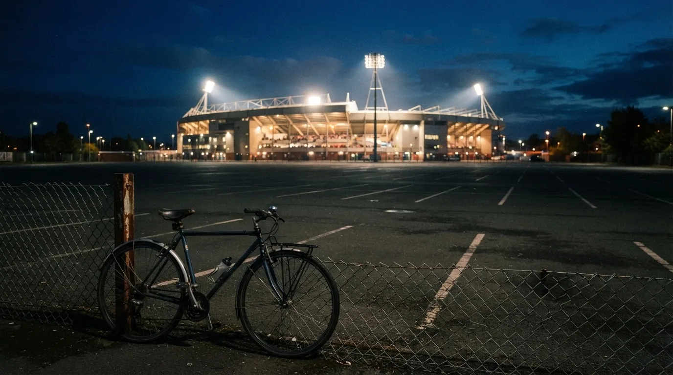 Ein Stadion unter Flutlicht aus der Ferne gesehen, davor ein dunkler Parkplatz und ein einzelnes Fahrrad an einem Zaun.