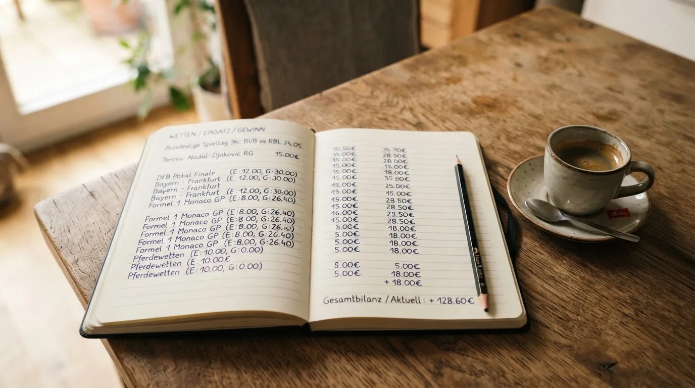 Ein Notizbuch mit handschriftlichen Zahlenreihen und ein Bleistift liegen auf einem Küchentisch neben einer Tasse.
