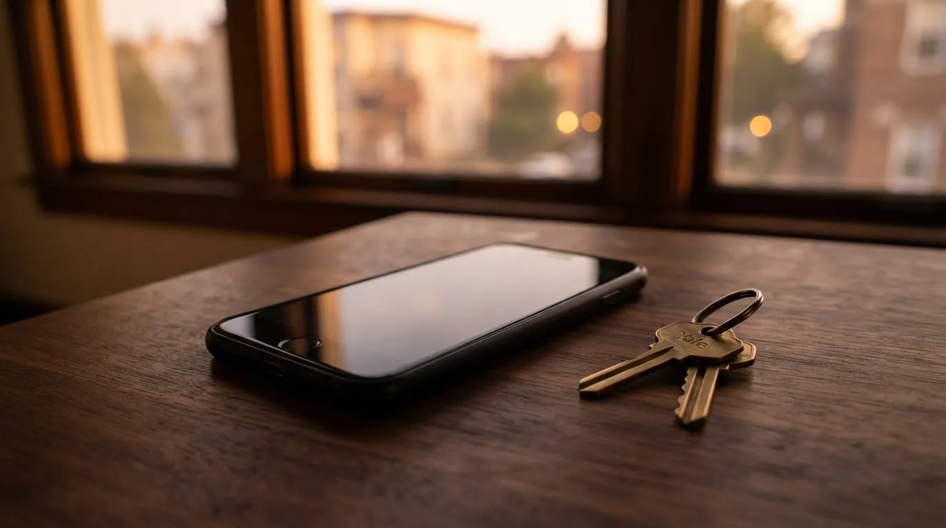 Ein Smartphone mit dunklem Display liegt auf einem Holztisch, daneben ein Schlüsselbund, im Hintergrund ein Fenster mit Abendlicht.
