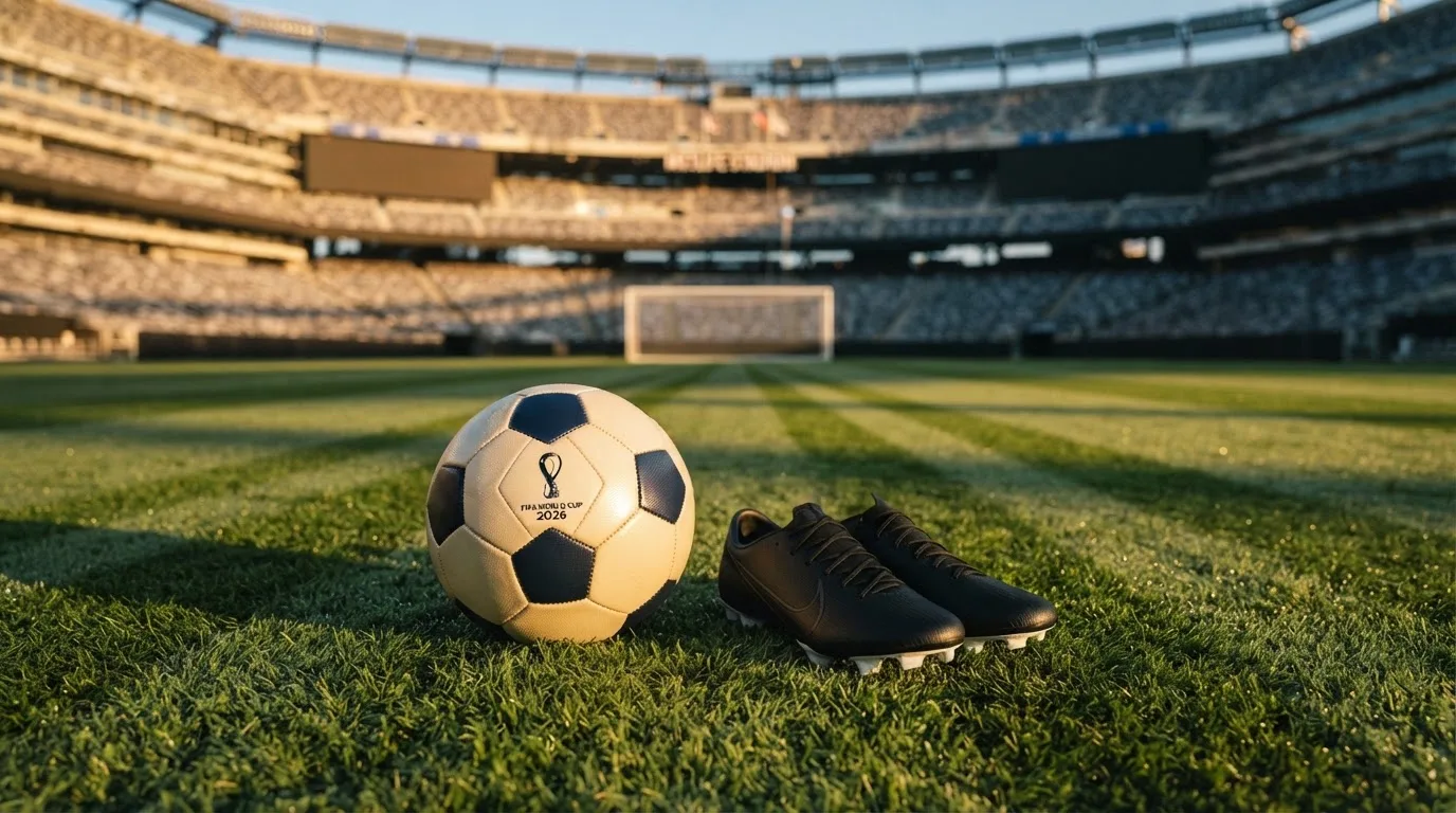 Ein Fußball auf frisch gemähtem Rasen im Morgenlicht, daneben ein Paar Fußballschuhe ohne erkennbare Marke.