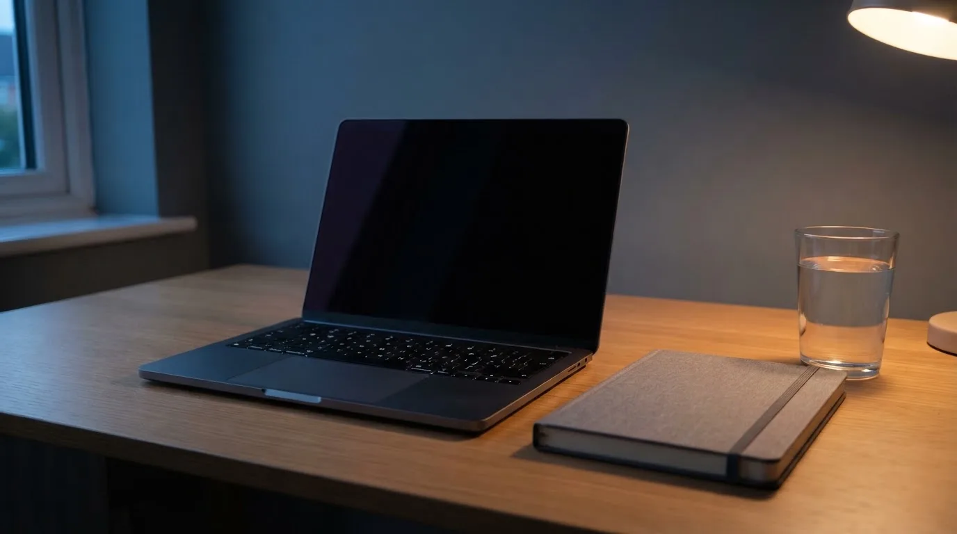 Ein Laptop mit dunklem Bildschirm steht aufgeklappt auf einem Schreibtisch, daneben ein Notizbuch und ein Glas Wasser.