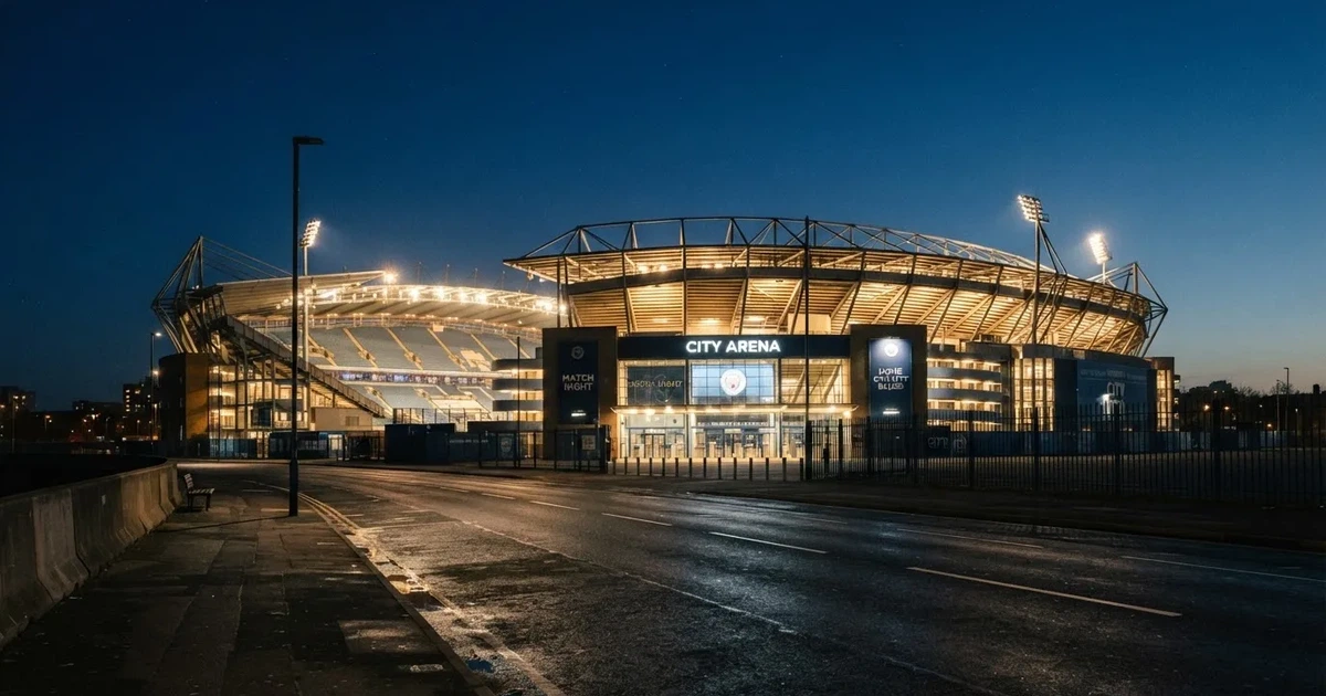 Ein hell erleuchtetes Fußballstadion bei Nacht aus der Ferne gesehen, über dem Dach ein klarer Himmel, davor eine leere Straße.