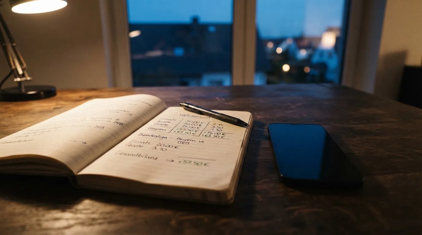 Ein Notizbuch mit handschriftlichen Zahlen liegt neben einem Smartphone mit dunklem Display auf einem Tisch, im Fenster Dämmerlicht.
