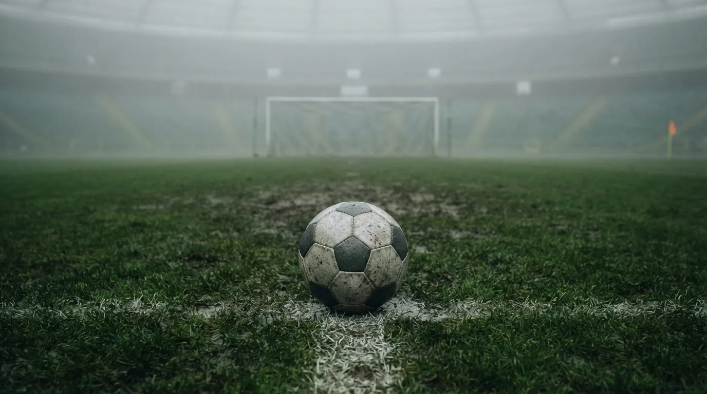 Ein Fußball liegt auf dem Elfmeterpunkt eines nassen Rasenplatzes, im Hintergrund ein leeres Tor im Nebel.
