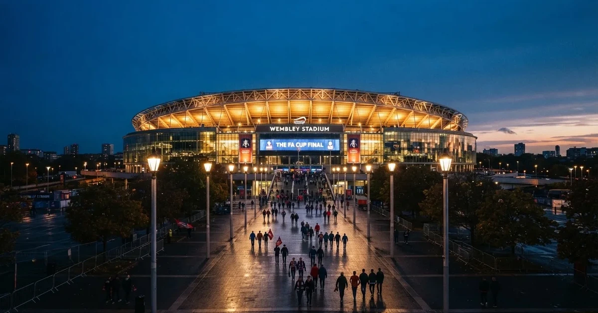 Ein großes Fußballstadion mit hell erleuchtetem Rund, aus der Ferne am Abend gesehen, davor eine breite Allee mit Laternen.